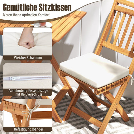Ensemble de balcon pliant 3 pièces avec coussins, bois d'acacia
