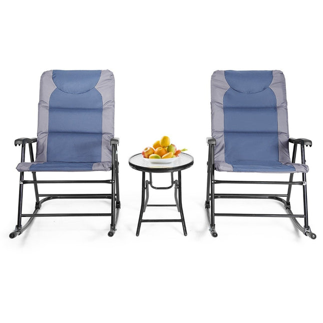 3-teiliges klappbares Bistro-Set für den Außenbereich, Schaukelstühle mit Tisch, Blau + Grau