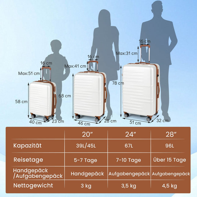 Ensemble de 3 valises rigides avec serrure TSA, blanches