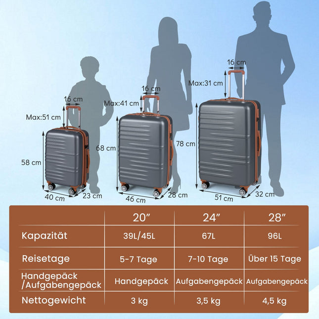 Ensemble de 3 valises rigides avec serrure TSA et roues à 360°