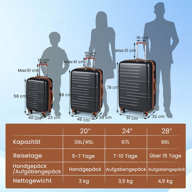 Ensemble de 3 valises rigides avec serrure TSA, noires