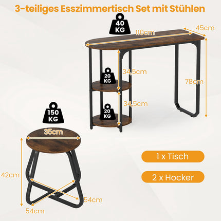 Ensemble de salle à manger industriel 3 pièces avec étagères de rangement
