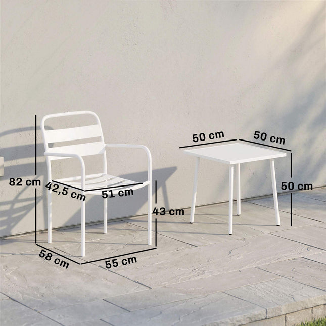 Ensemble bistro de patio en métal 3 pièces avec table en verre, blanc