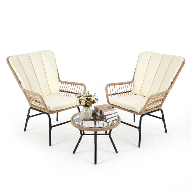 Ensemble de jardin 3 pièces en rotin PE avec coussins, beige