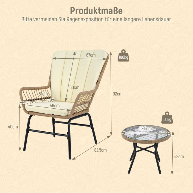 Ensemble de jardin 3 pièces en rotin PE avec coussins, beige