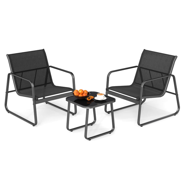 Ensemble de mobilier de patio 3 pièces, Textilène, Table en verre, Noir