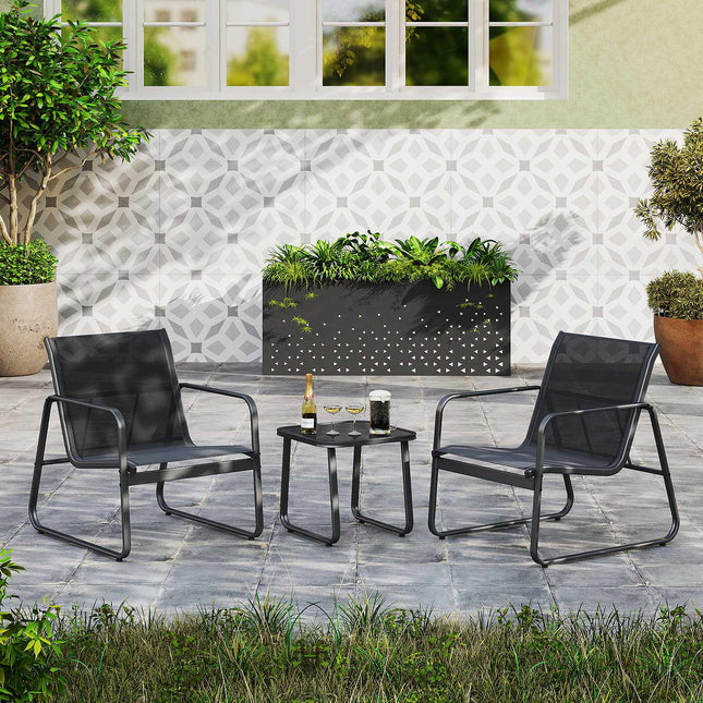 Ensemble de mobilier de patio 3 pièces, Textilène, Table en verre, Noir