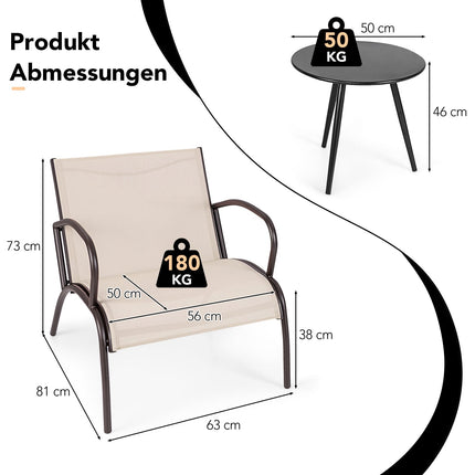 3-teiliges Terrassenset mit 2 Stühlen und Tisch, ergonomische Sitze