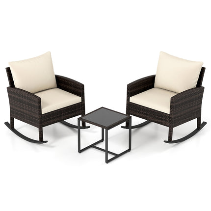 3-teiliges Rattan-Balkon-Set – 2 Schaukelstühle, Glastisch