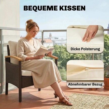 3-teiliges Rattan-Bistro-Set mit Kissen und Holztisch