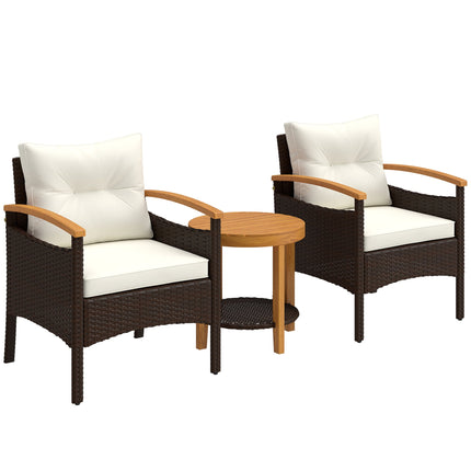 3-teiliges Rattan-Bistro-Set mit Kissen und Holztisch