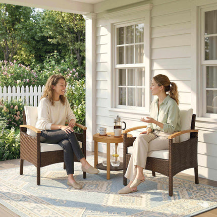 3-teiliges Rattan-Bistro-Set mit Kissen und Holztisch