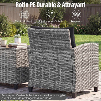 3-teiliges Rattan-Gartenmöbelset mit Kissen und Glastisch