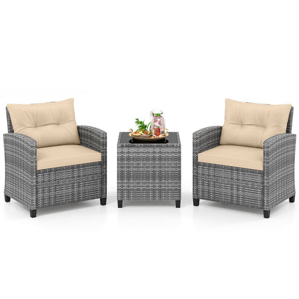 Ensemble de patio en rotin 3 pièces avec coussins et table en verre