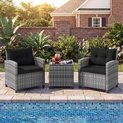 3-teiliges Rattan-Gartenmöbelset mit Kissen und Glastisch