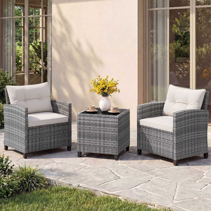 Ensemble de patio en rotin 3 pièces avec coussins et table en verre