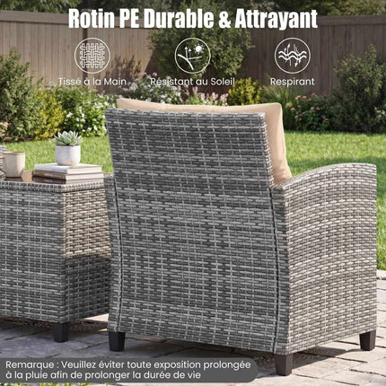 Ensemble de patio en rotin 3 pièces avec coussins et table en verre