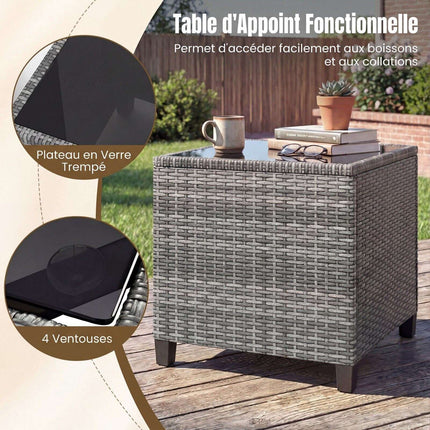 Ensemble de patio en rotin 3 pièces avec coussins et table en verre