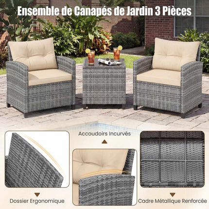 Ensemble de patio en rotin 3 pièces avec coussins et table en verre