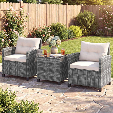 Ensemble de patio en rotin 3 pièces avec coussins et table en verre