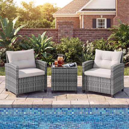 Ensemble de patio en rotin 3 pièces avec coussins et table en verre
