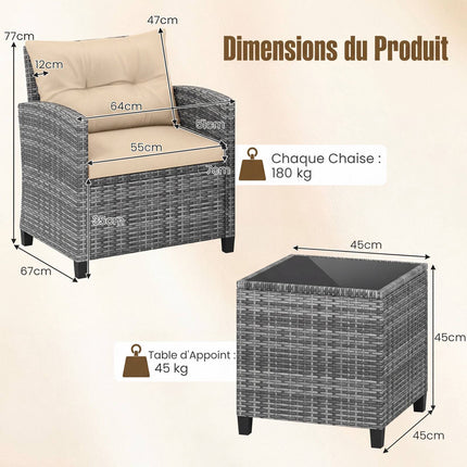 Ensemble de patio en rotin 3 pièces avec coussins et table en verre