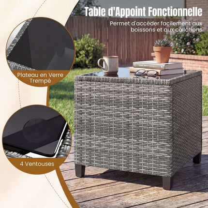 3-teiliges Rattan-Gartenmöbelset mit Kissen und Glastisch