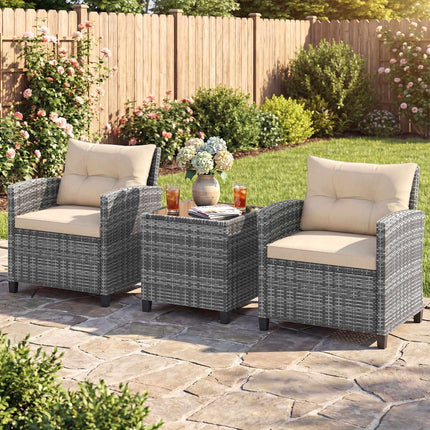 Ensemble de patio en rotin 3 pièces avec coussins et table en verre