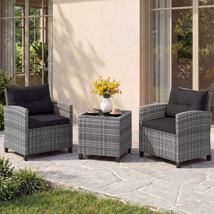 3-teiliges Rattan-Gartenmöbelset mit Kissen und Glastisch
