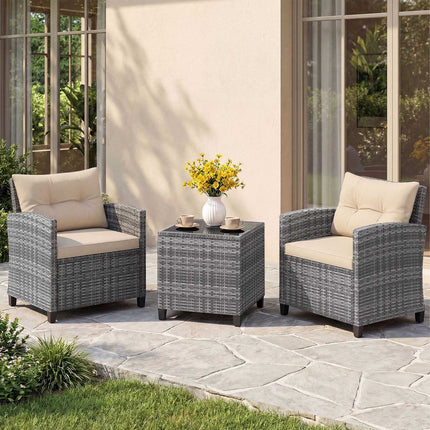 Ensemble de patio en rotin 3 pièces avec coussins et table en verre