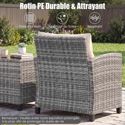 Ensemble de patio en rotin 3 pièces avec coussins et table en verre