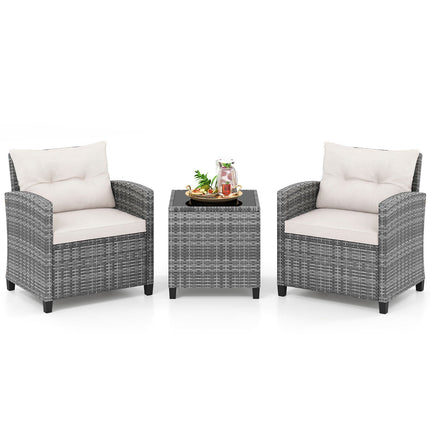Ensemble de patio en rotin 3 pièces avec coussins et table en verre