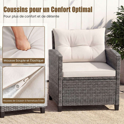 Ensemble de patio en rotin 3 pièces avec coussins et table en verre