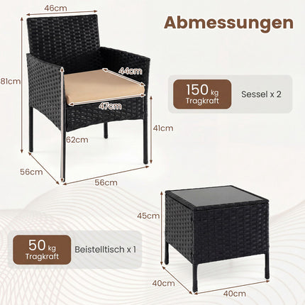 Ensemble de patio en rotin 3 pièces avec coussins et table en verre