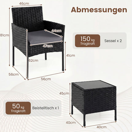 3-teiliges Rattan-Loungeset mit Kissen und Glastisch
