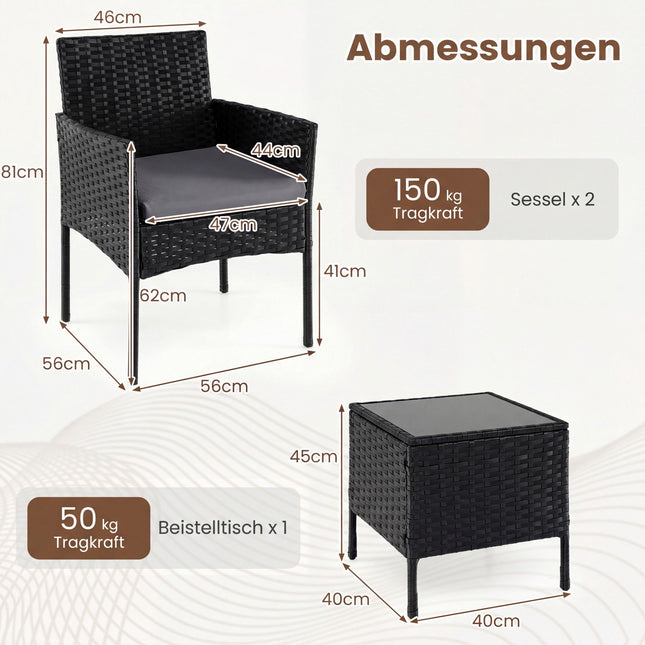 Ensemble de patio en rotin 3 pièces avec coussins et table en verre