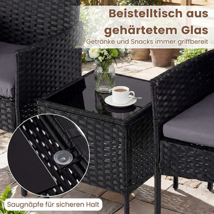 3-teiliges Rattan-Loungeset mit Kissen und Glastisch