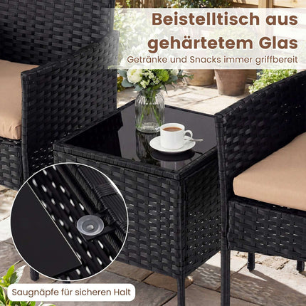 Ensemble de patio en rotin 3 pièces avec coussins et table en verre