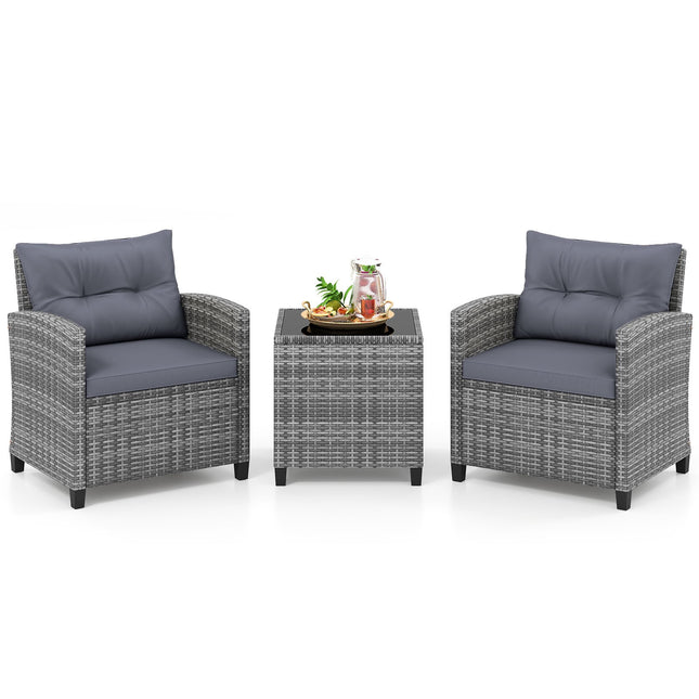 Ensemble de patio en rotin 3 pièces avec coussins et table en verre