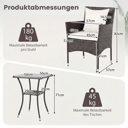 Ensemble de patio en rotin 3 pièces avec coussins et table en verre