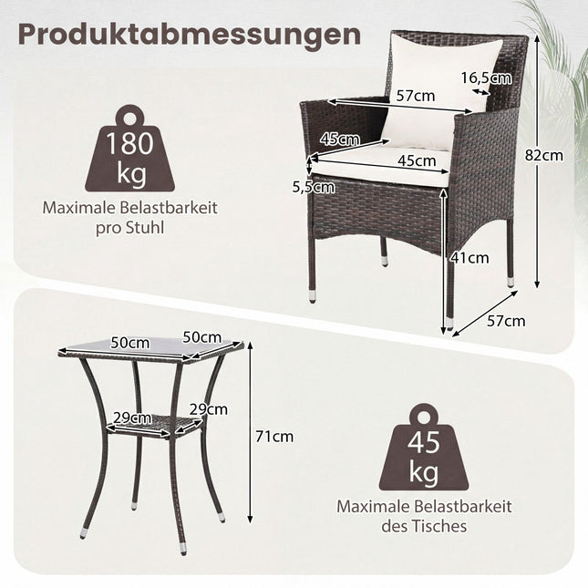 Ensemble de patio en rotin 3 pièces avec coussins et table en verre