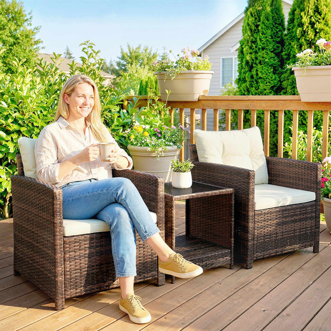 Ensemble de patio en rotin 3 pièces avec coussins et table en verre