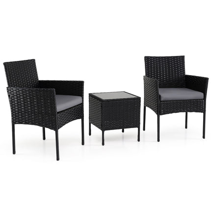 3-teiliges Rattan-Loungeset mit Kissen und Glastisch