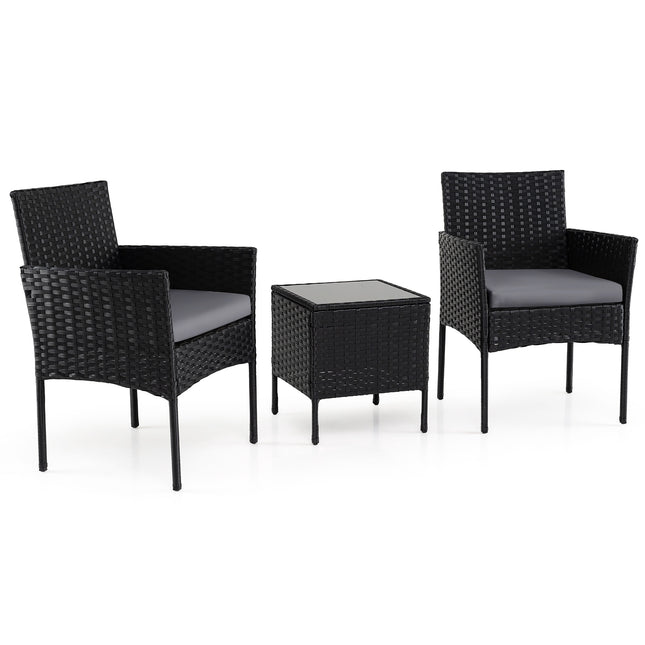 Ensemble de patio en rotin 3 pièces avec coussins et table en verre