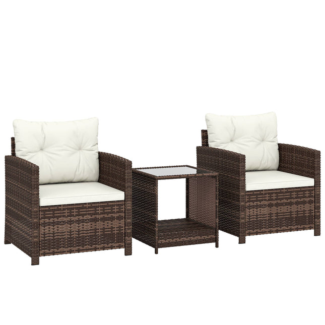 Ensemble de patio en rotin 3 pièces avec coussins et table en verre