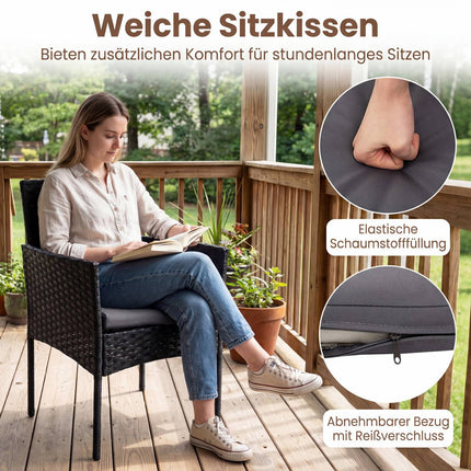 3-teiliges Rattan-Loungeset mit Kissen und Glastisch