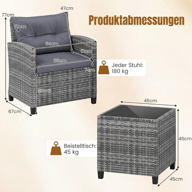 Ensemble de patio en rotin 3 pièces avec coussins et table en verre