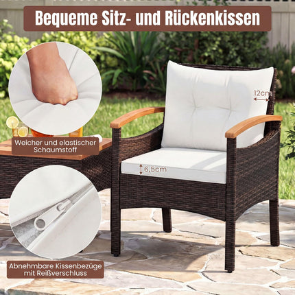 Ensemble de patio en rotin 3 pièces avec coussins et table d'appoint