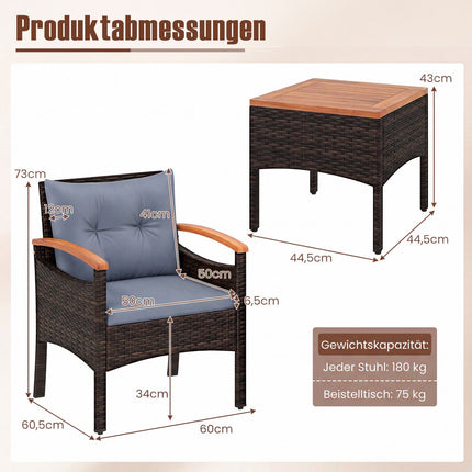 3-teiliges Rattan-Loungeset mit Kissen und Tisch
