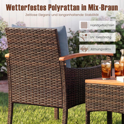 3-teiliges Rattan-Loungeset mit Kissen und Tisch